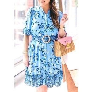 SAIL to SABLE Dress Sz XXL Blue Placid Floral Belted Ruffle Hem Shirt Dress $288